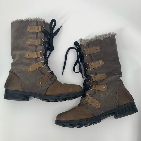SOREL - women’s Emelie lace up Combat brown leather waterproof boots faux fur 10 - Picture 8 of 12